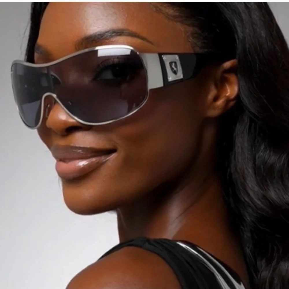 Silver‎ Shield Sunglasses Black Wrap Around UV400 Women Futuristic, Gorpcore New